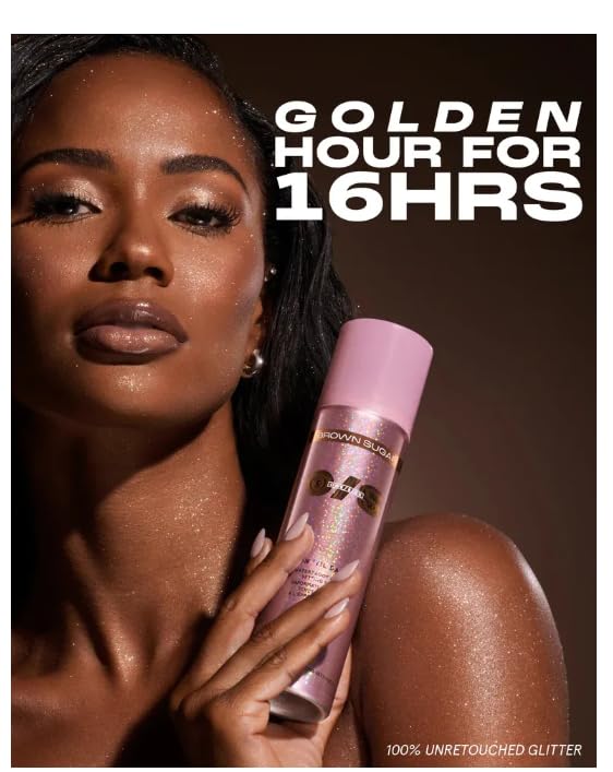 ONE/SIZE Brown Sugar mist on model in warm light showing sunkissed glow and long-wear benefit