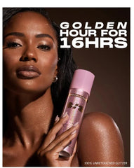 ONE/SIZE Brown Sugar mist on model in warm light showing sunkissed glow and long-wear benefit