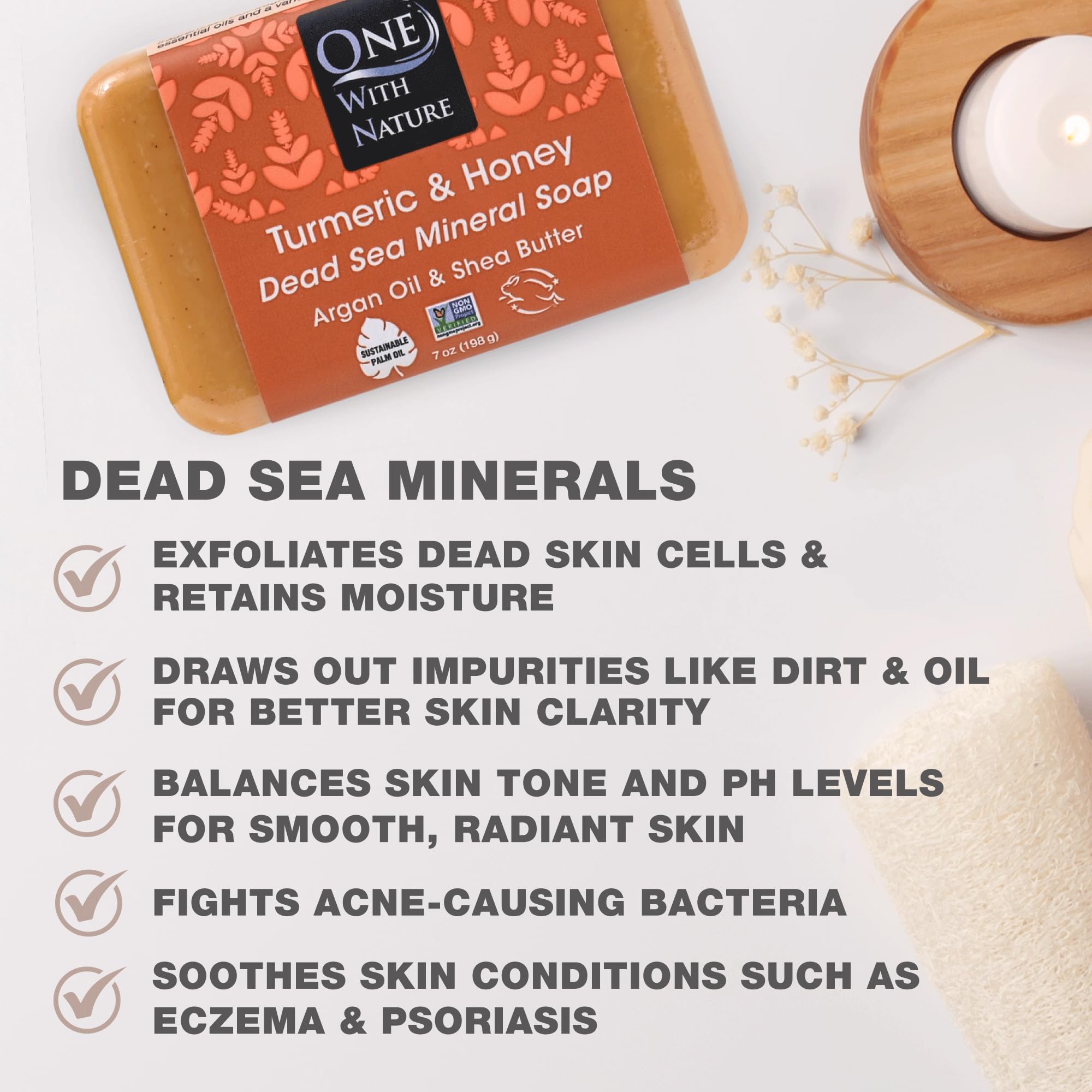 One With Nature close-up of bar texture with visible salt grains, emphasizes gentle exfoliation benefit