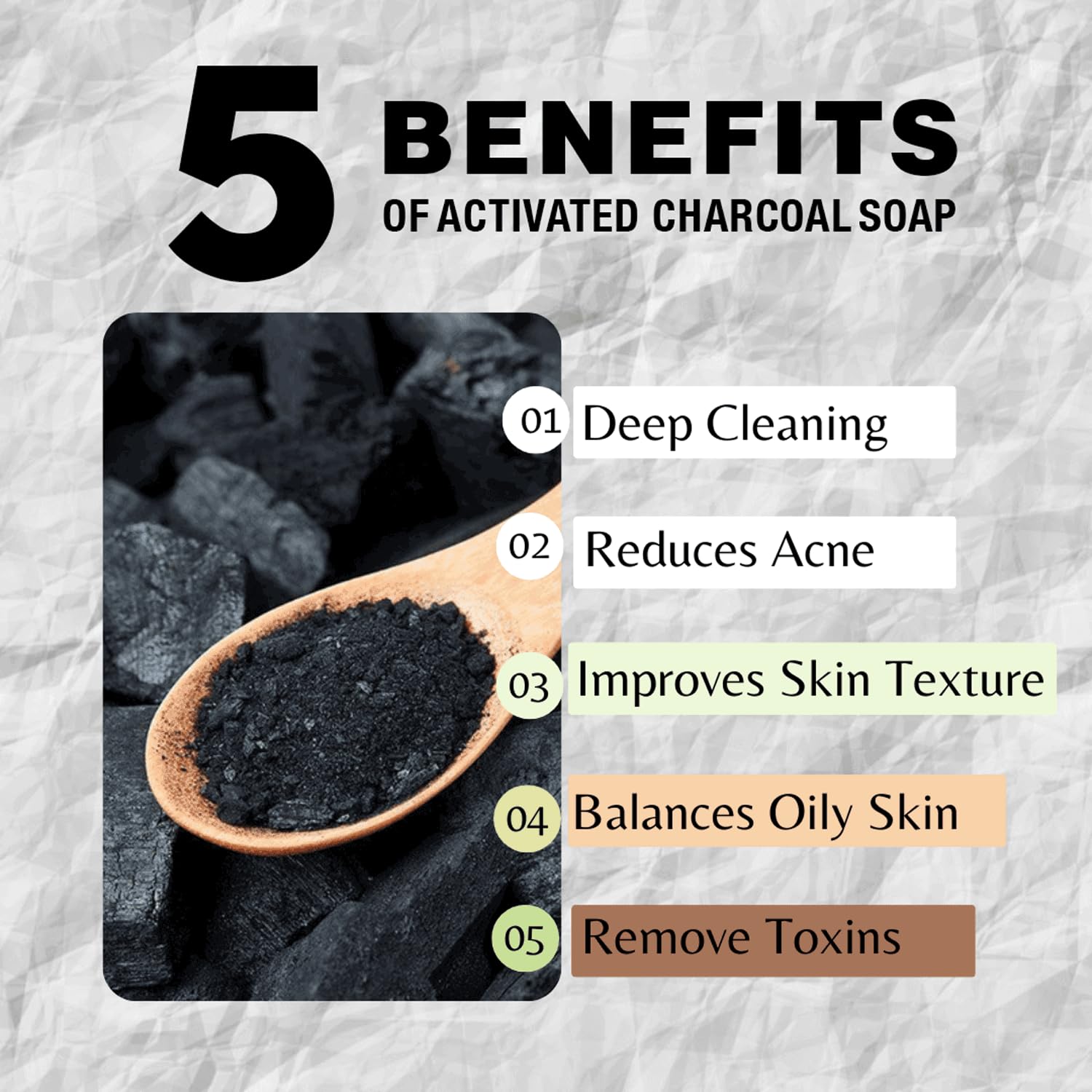 One With Nature close-up of charcoal soap texture highlighting gentle exfoliation