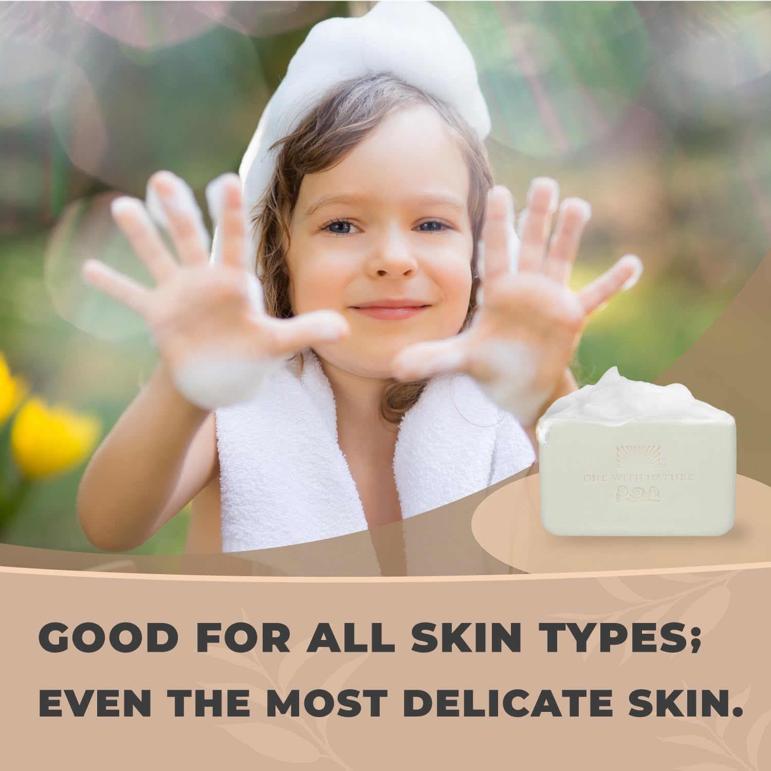 One With Nature soap lather on skin showing gentle exfoliating foam
