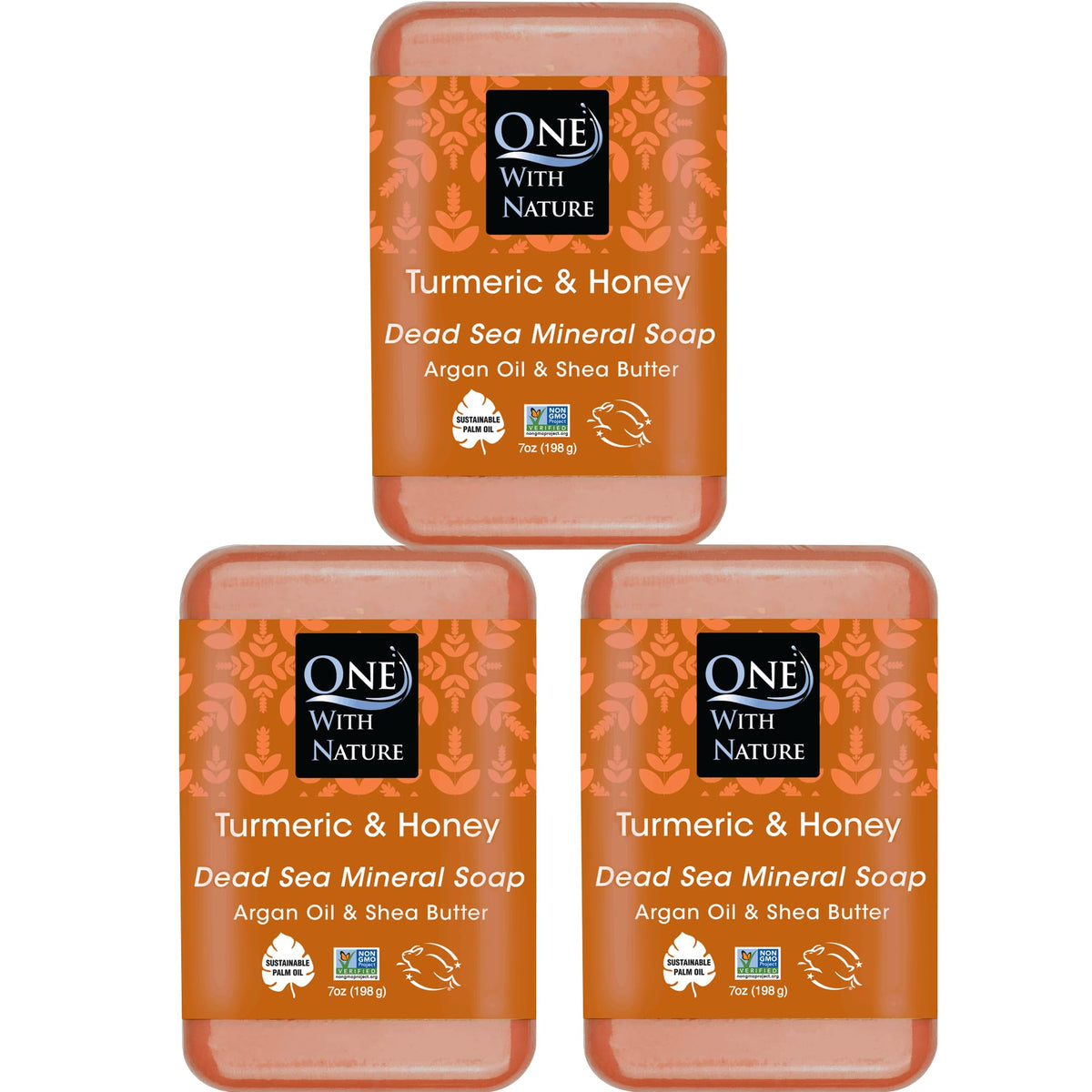 One With Nature front packaging showing three turmeric Dead Sea salt bars, highlights brightening benefits