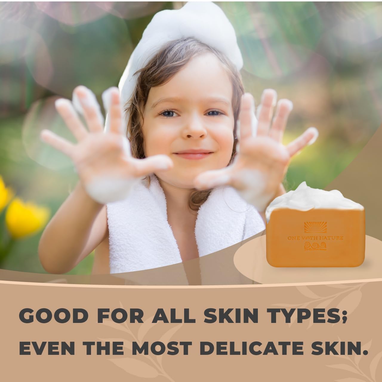 One With Nature ingredients label detailing shea butter and argan oil, highlights nourishing benefit
