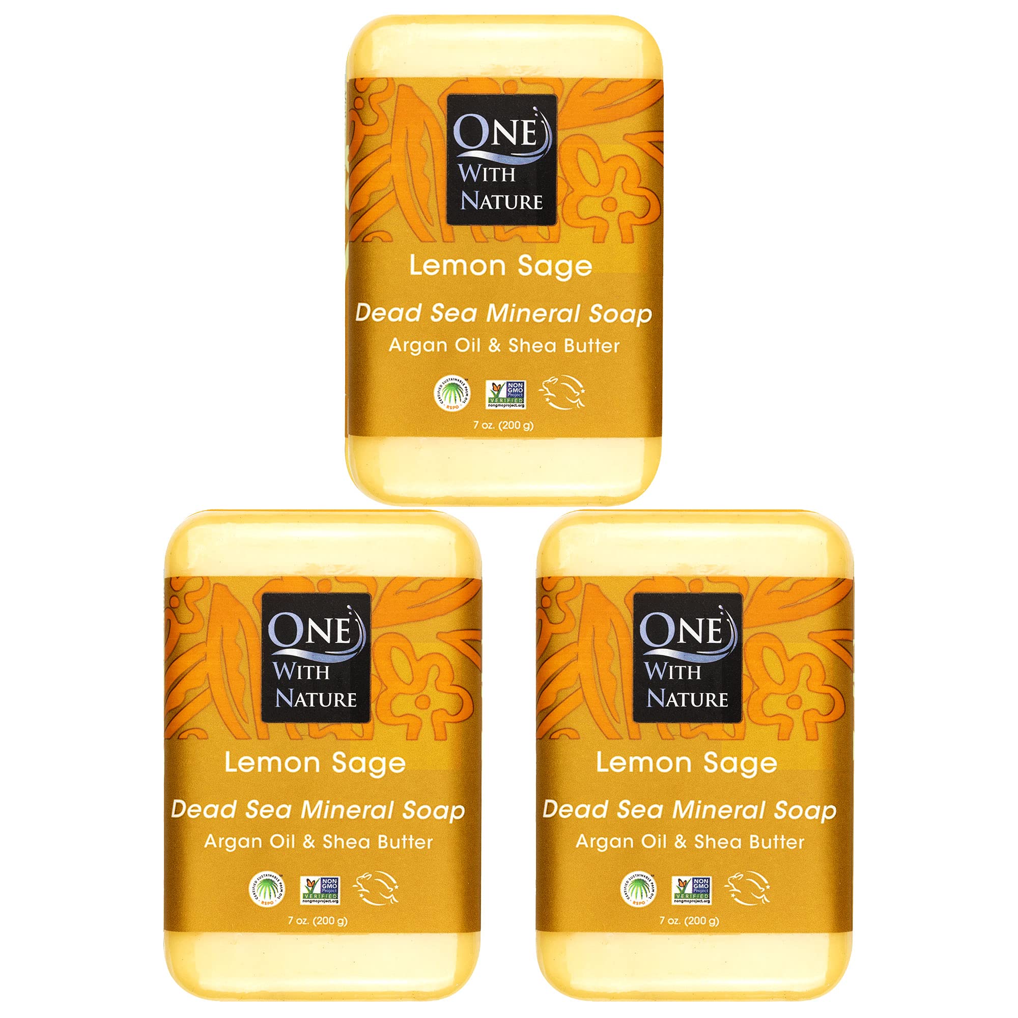 One With Nature front pack showing three lemon sage bars, highlights value