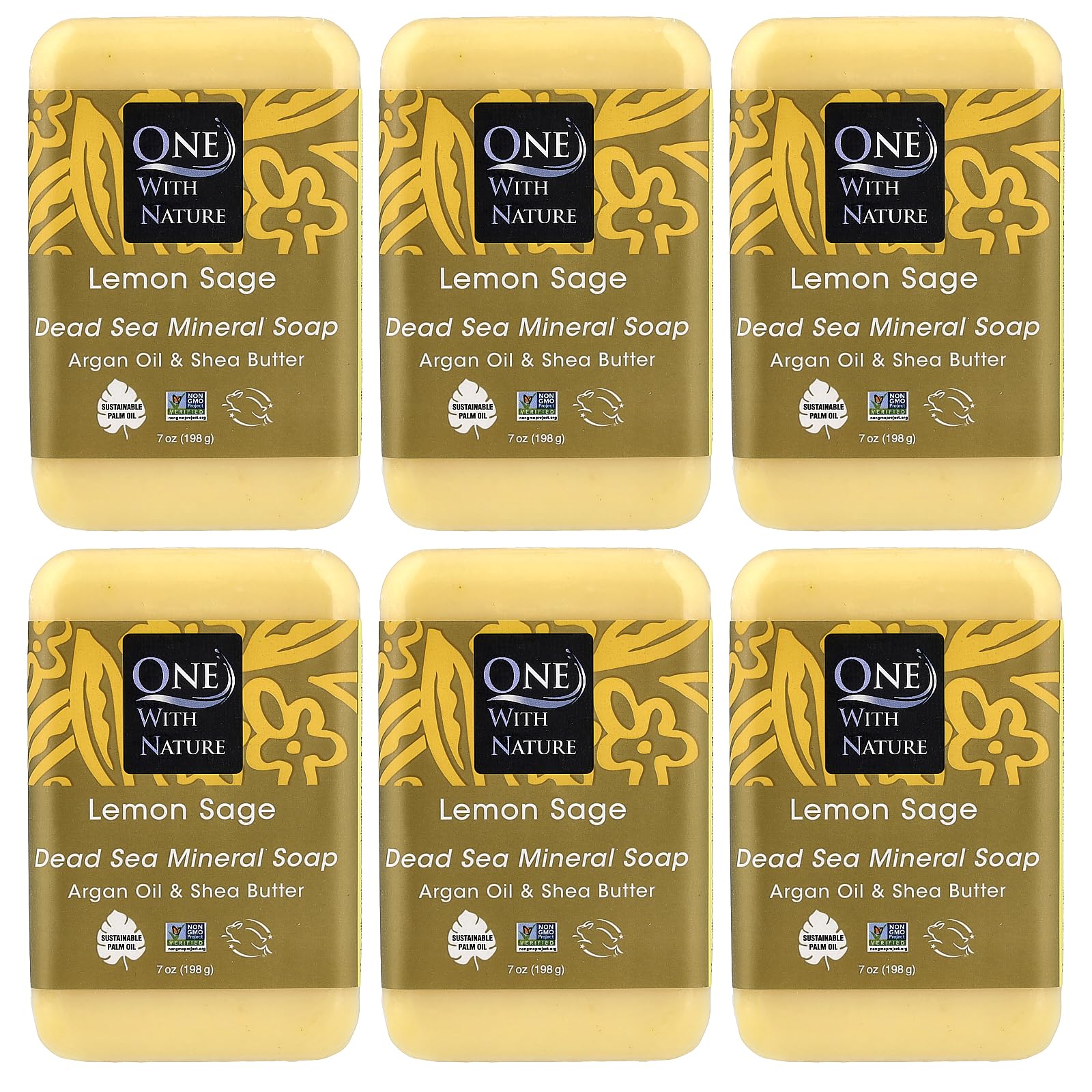 One With Nature Lemon Sage front packaging showing six 7-ounce bars, natural minerals benefit