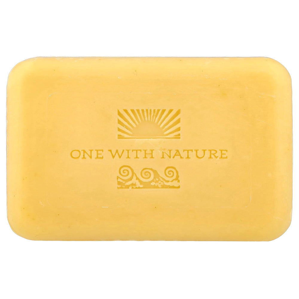 One With Nature Lemon Sage bar beside a ruler for scale to show 7-ounce size and long-lasting bar