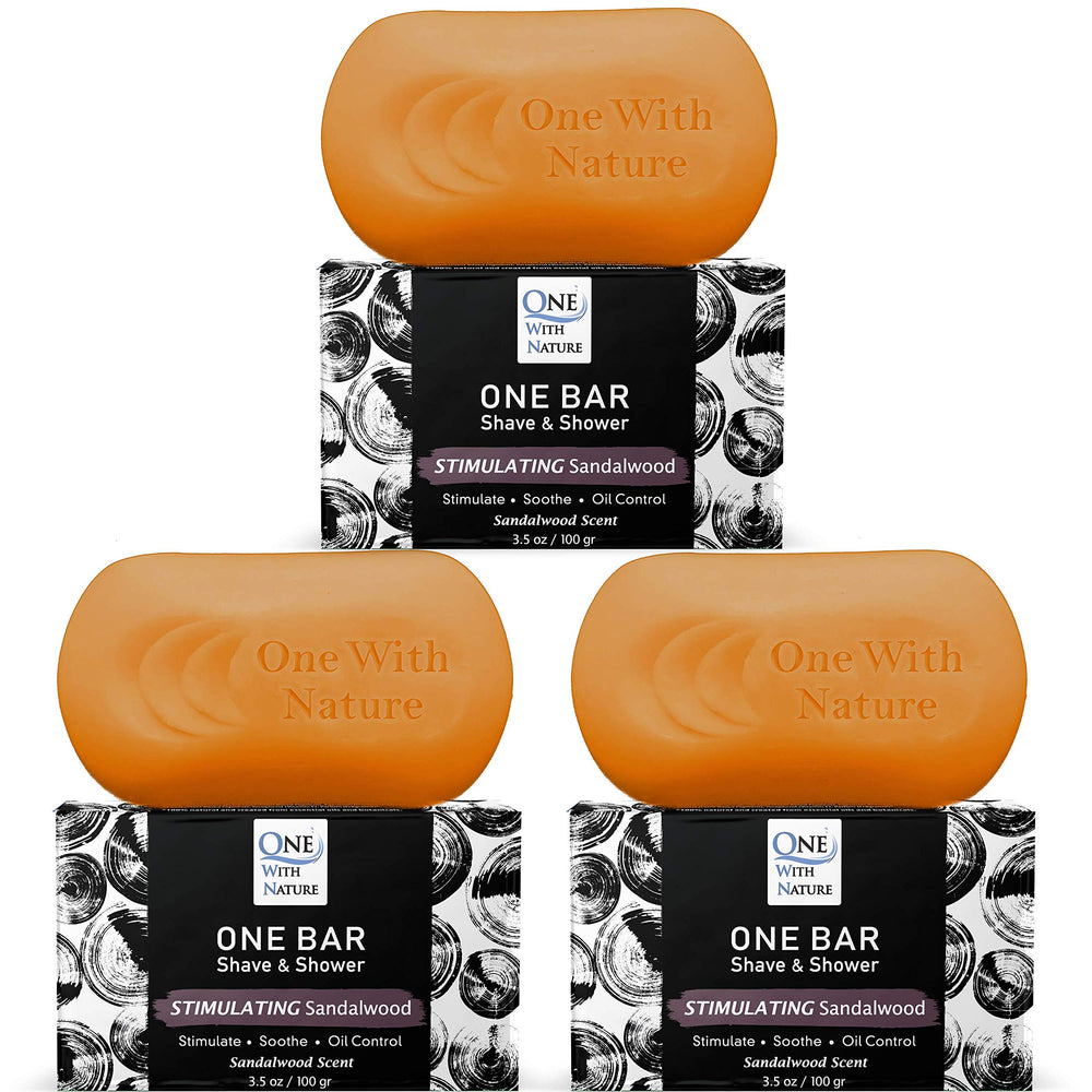 One With Nature front packaging showing three sandalwood bars, promotes convenience