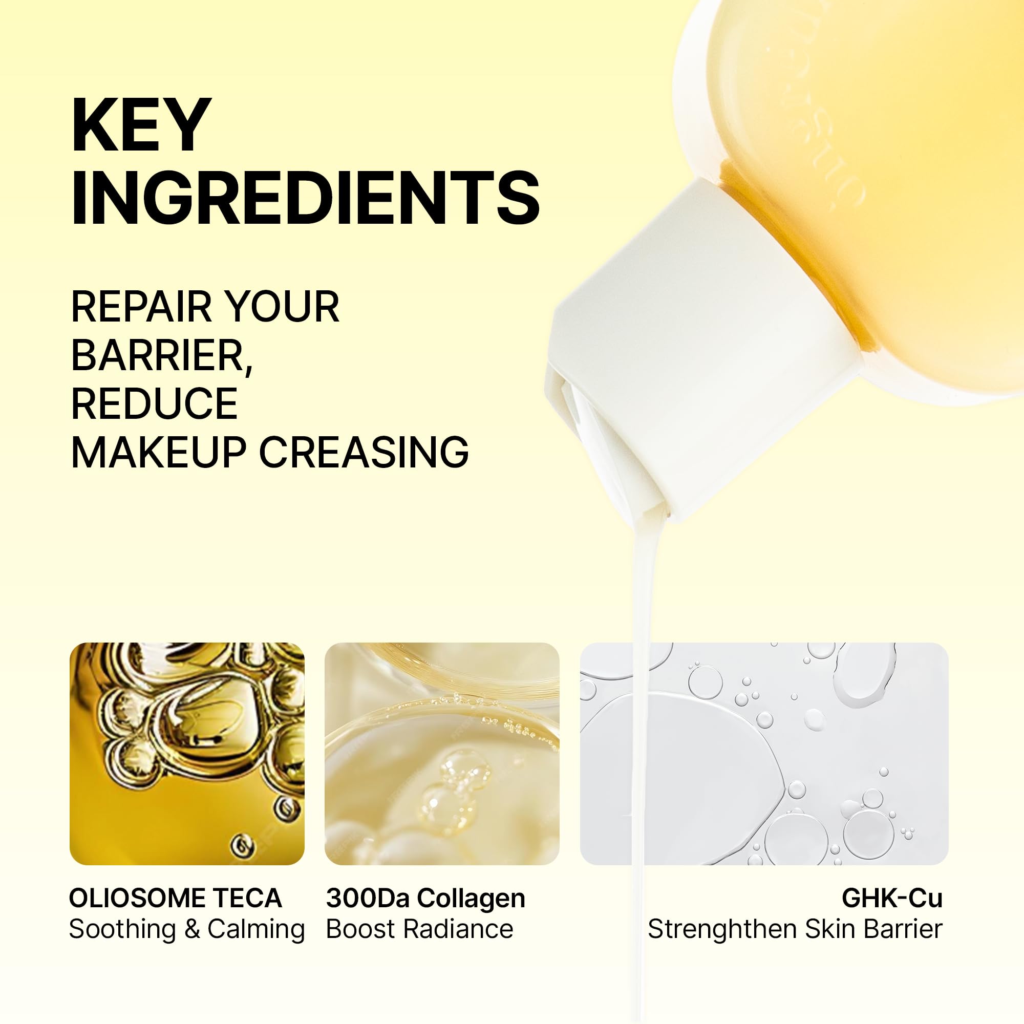 ONGREDIENTS bottle beside Centella leaves emphasizing natural calming benefit
