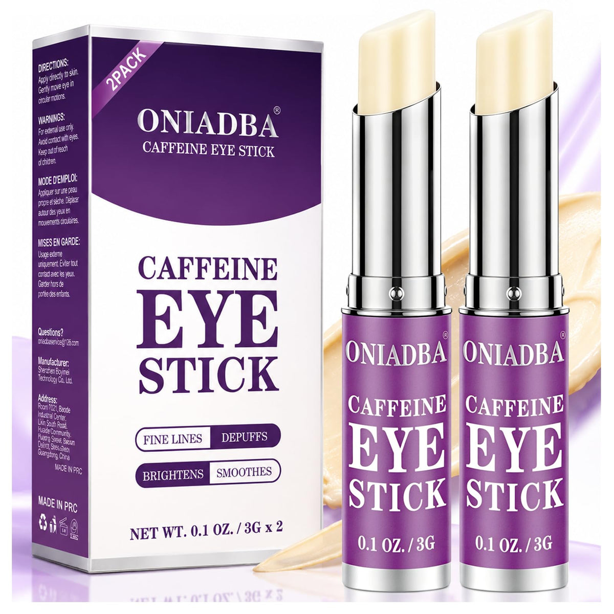 ONIADBA front packaging showing two eye sticks and benefits