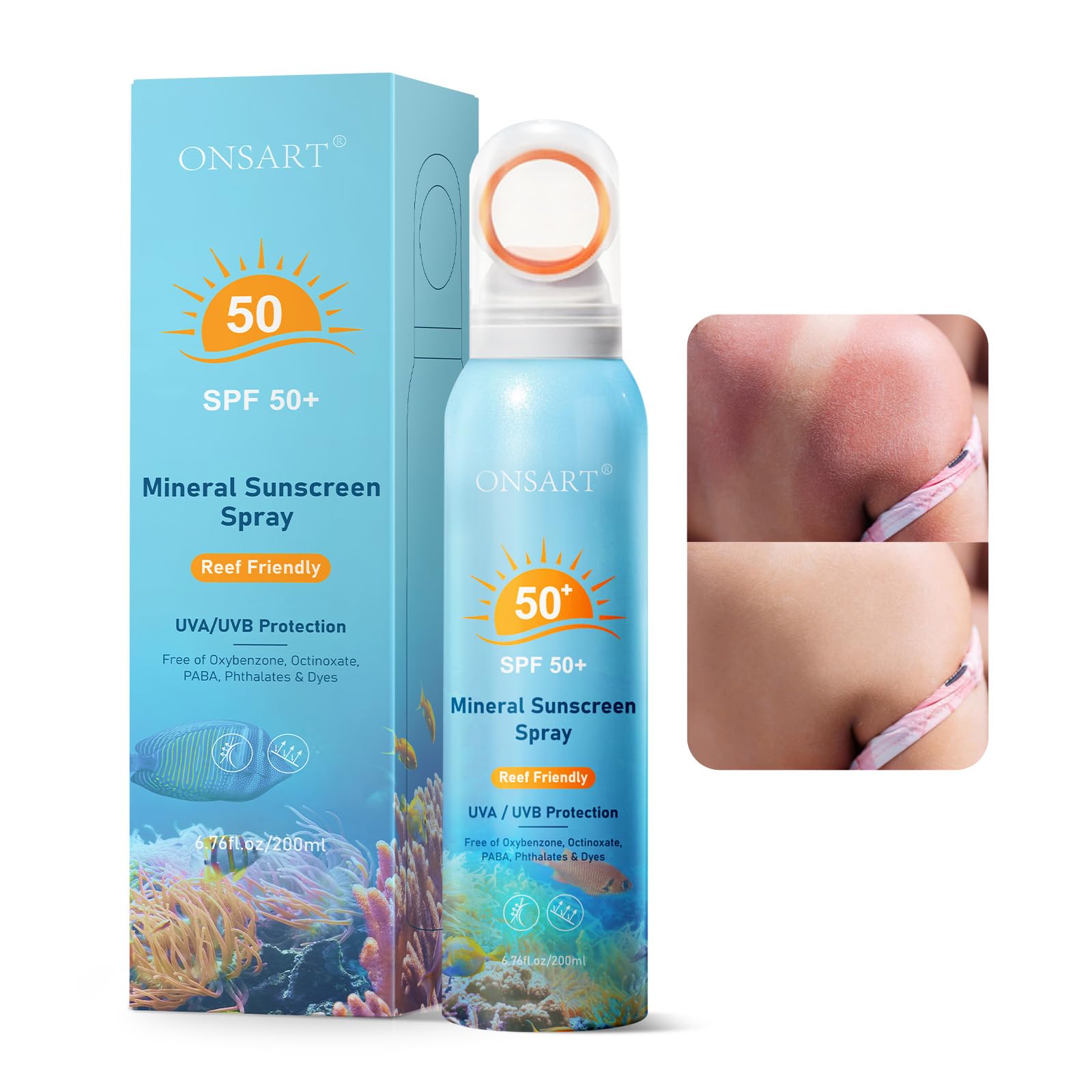 ONSART front packaging showing SPF 50 and reef safe benefit