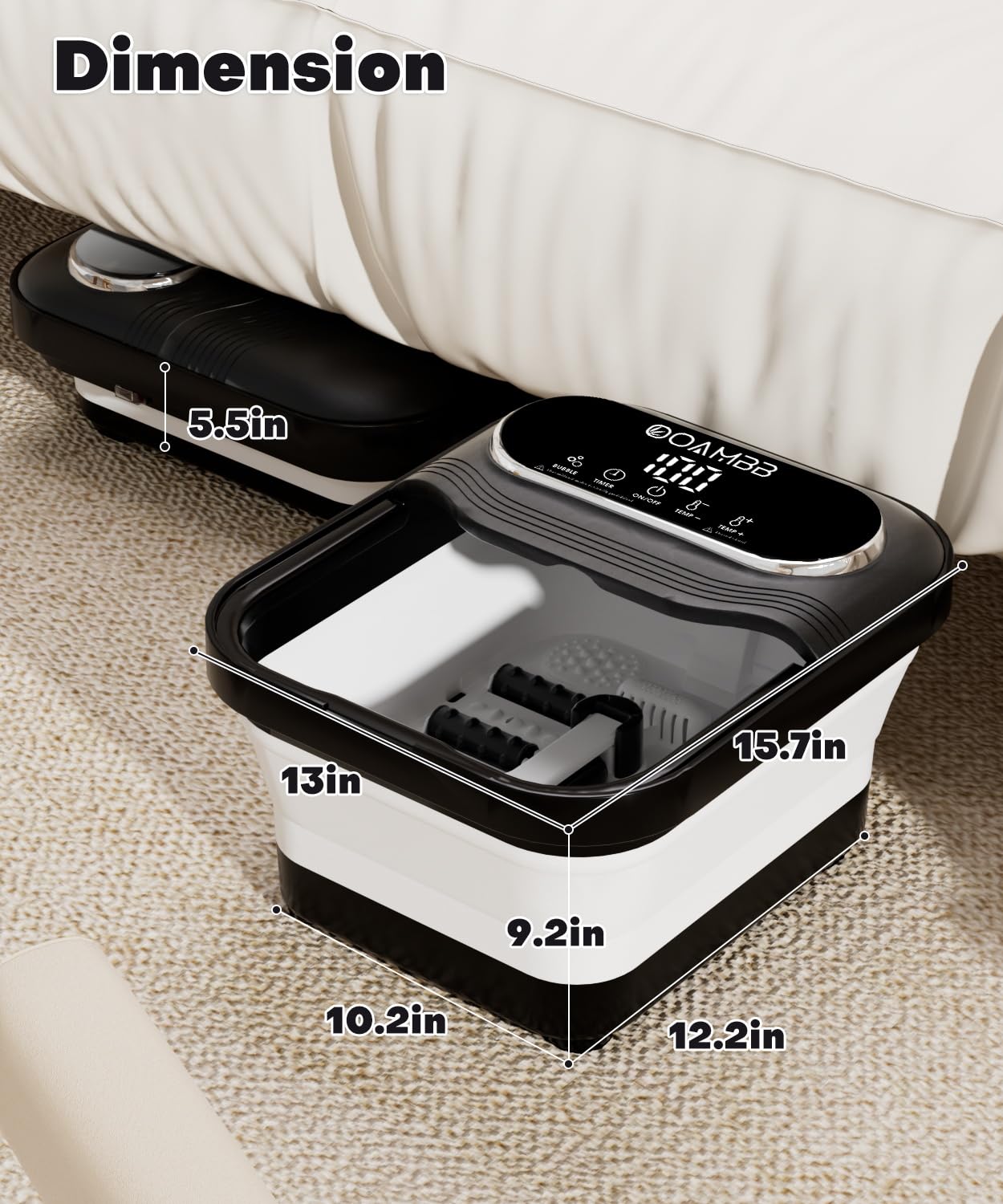 OOAMBB user soaking feet in a chair showing comfort and hands-free remote use