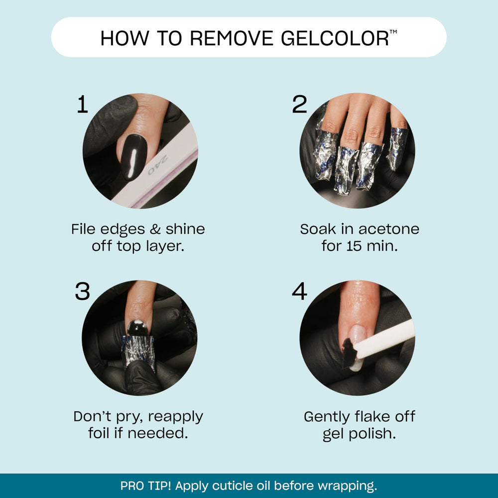 Hands soaking off OPI gel polish to show easy 15-minute removal benefit