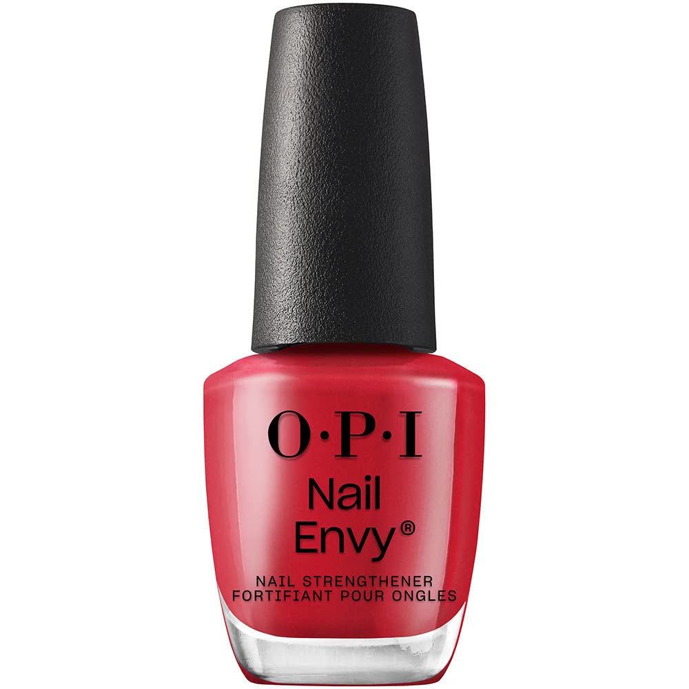 OPI Nail Envy Big Apple Red front bottle shot showing vibrant red polish and treatment benefit