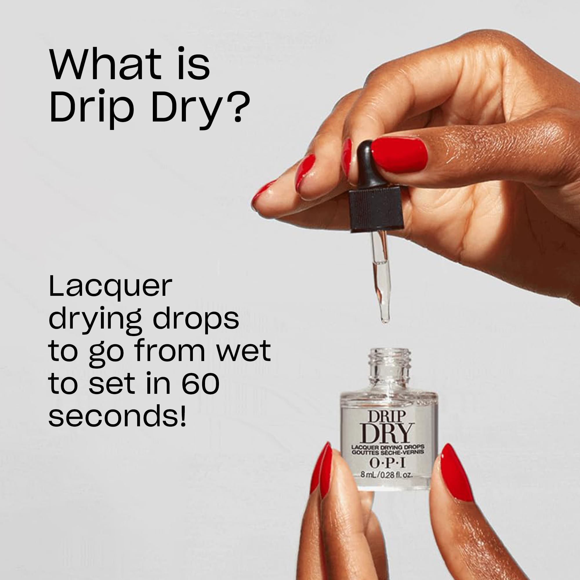 OPI drip dry dropper and visible drops, highlighting precise application benefit
