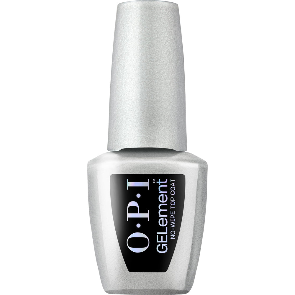 OPI GELement bottle front view showing clear top coat and branding benefit shine