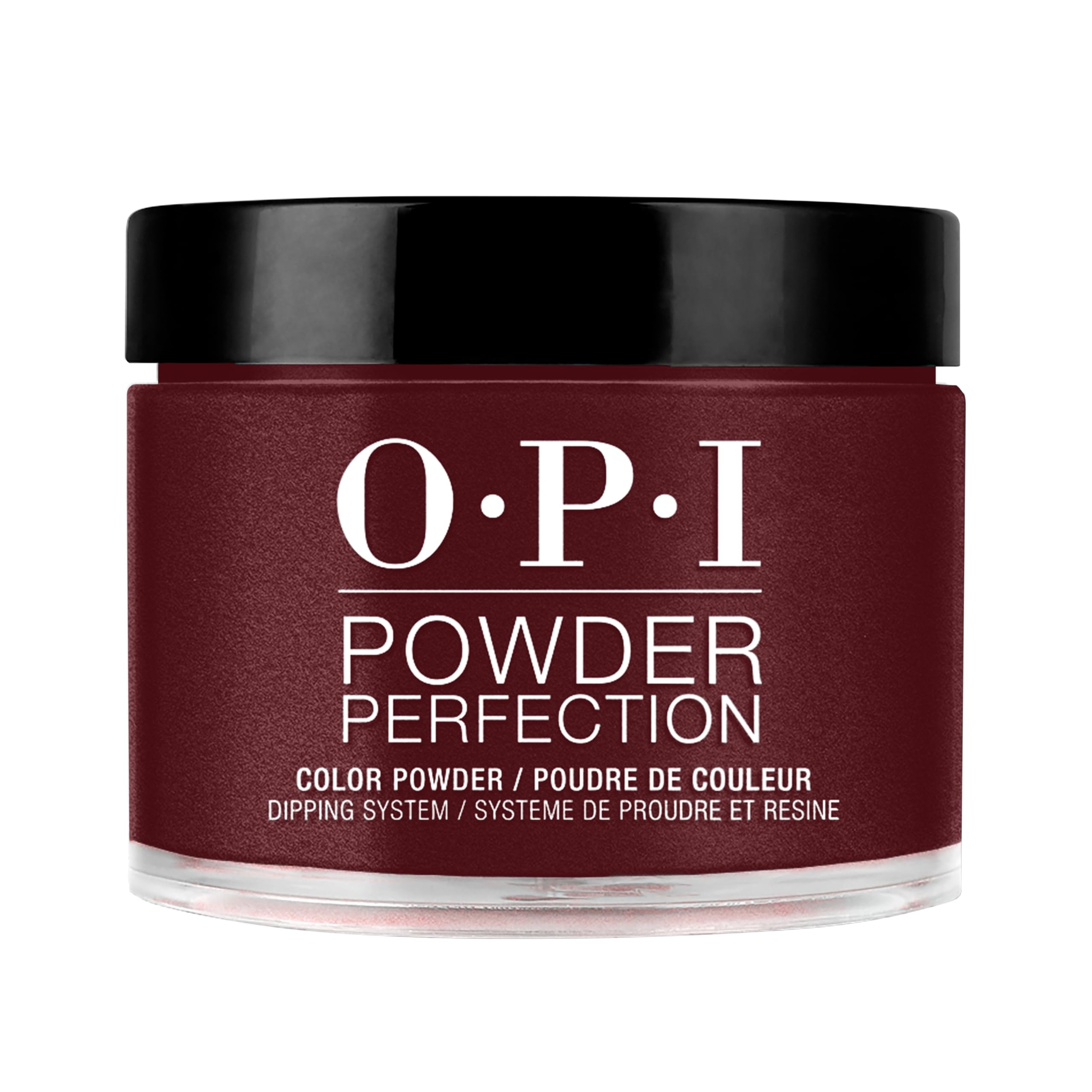 OPI front packaging showing deep burgundy powder and clear jar benefit high-quality pigment
