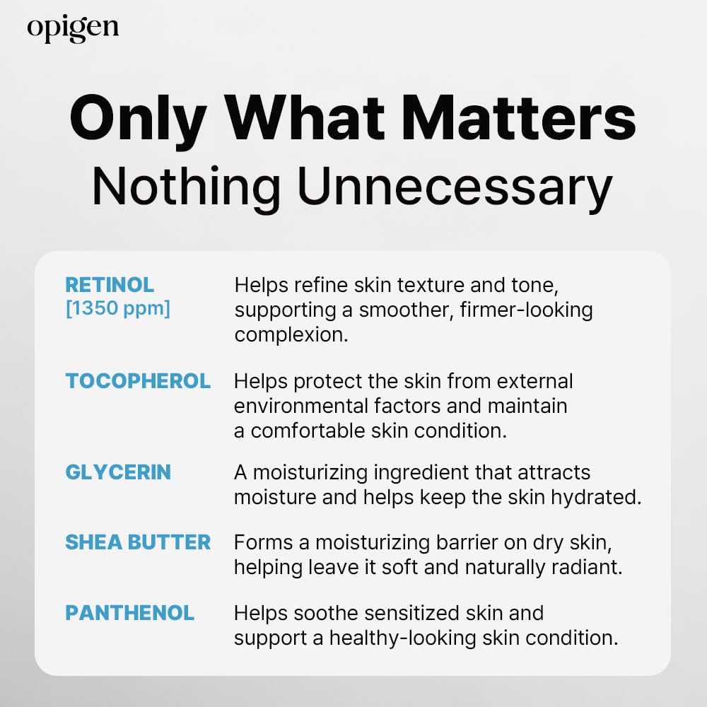 opigen ingredient panel label highlighting 0.1% retinol with panthenol and vitamin E