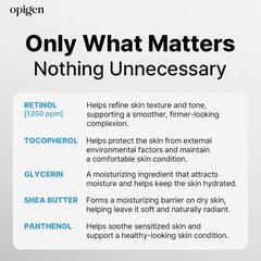 opigen ingredient panel label highlighting 0.1% retinol with panthenol and vitamin E