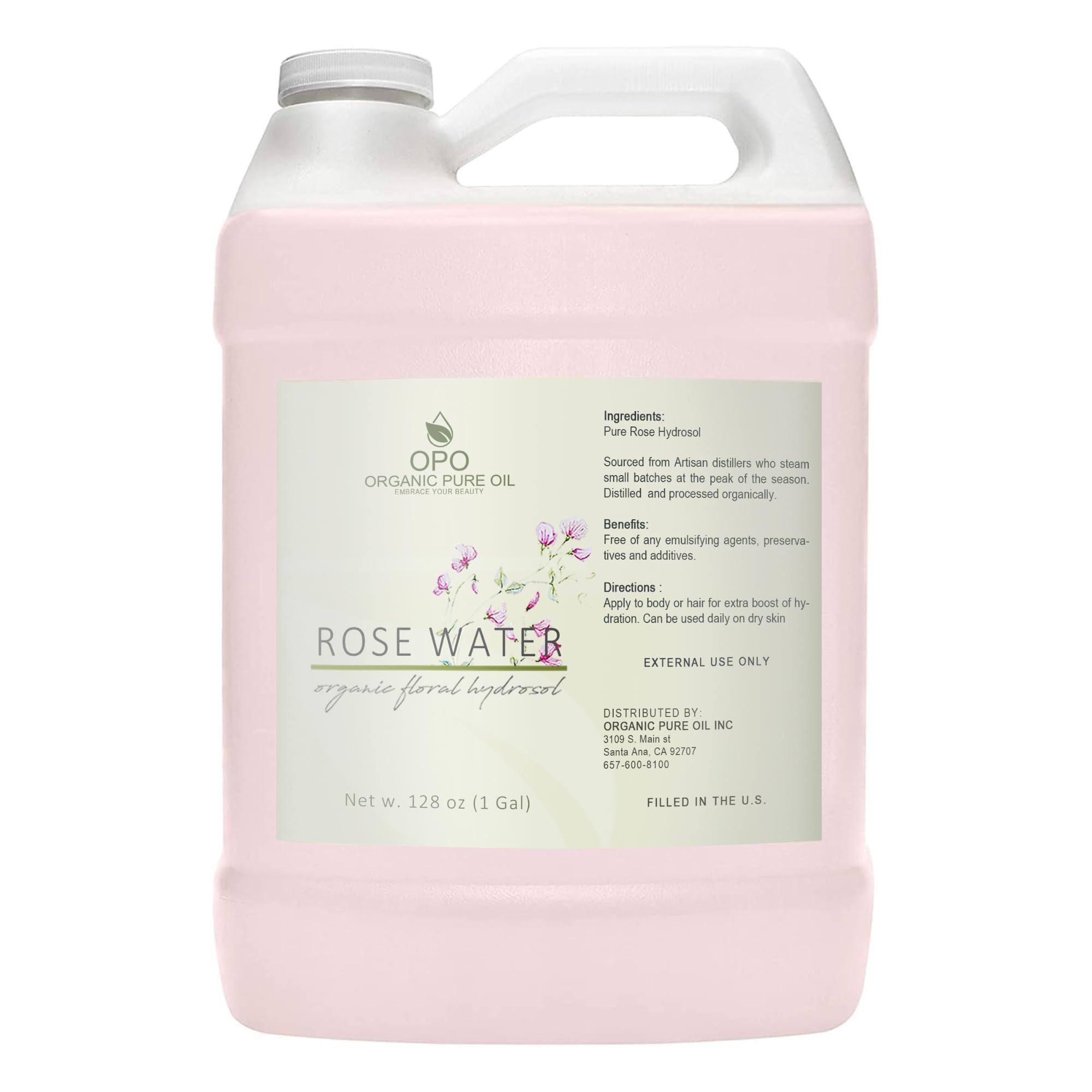OPO rose hydrosol gallon bottle front view showing bulk refill benefit