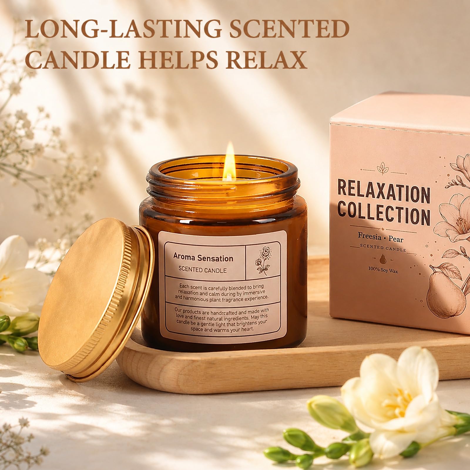 OPOWIS scented candle and handmade soap arranged to suggest calming bath time