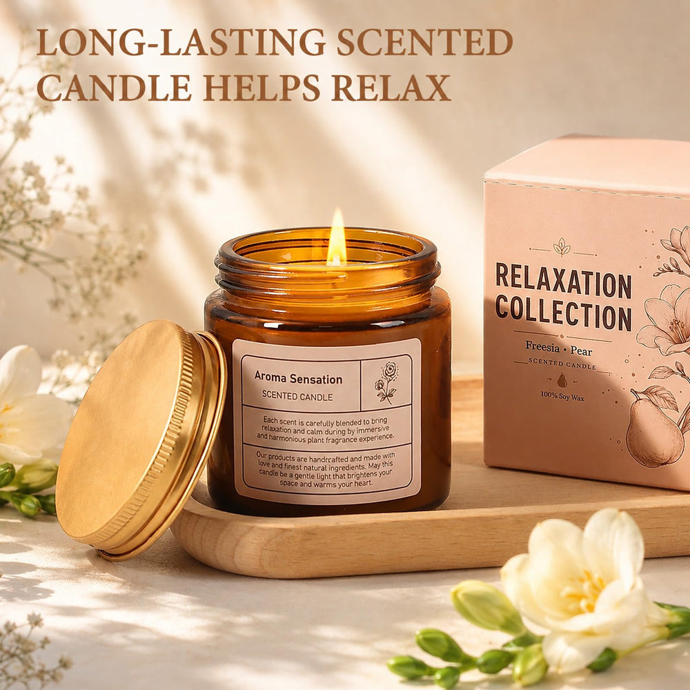 OPOWIS scented candle and handmade soap arranged to suggest calming bath time