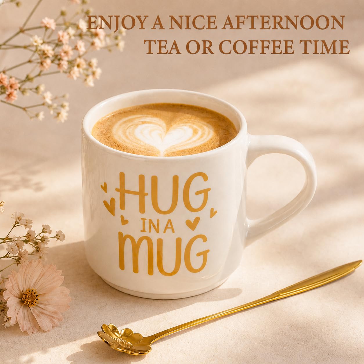 OPOWIS ceramic mug with floral spoon staged for a comforting hot drink