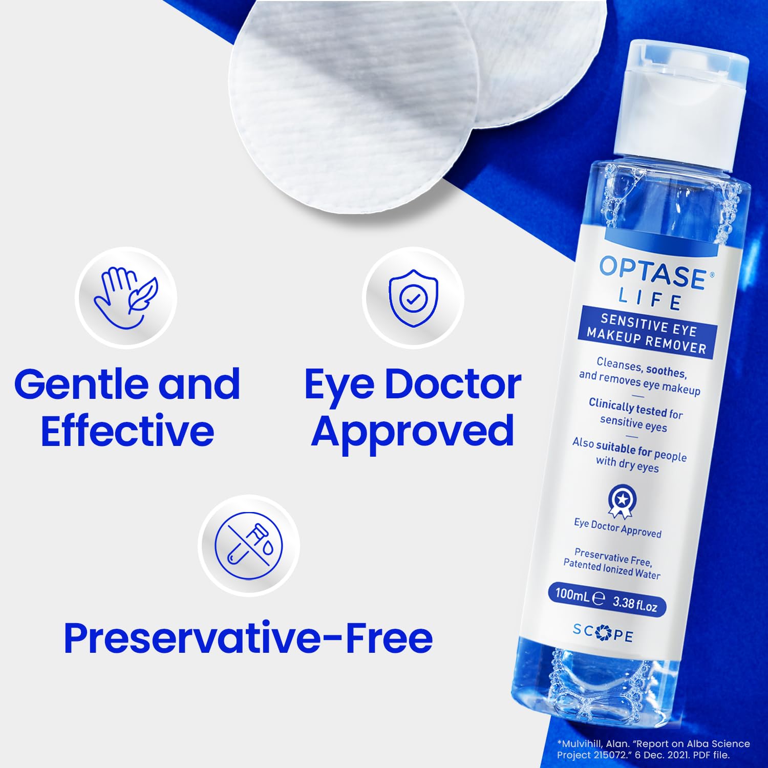 Optase Life applied to a cotton pad removing mascara, demonstrating gentle effectiveness