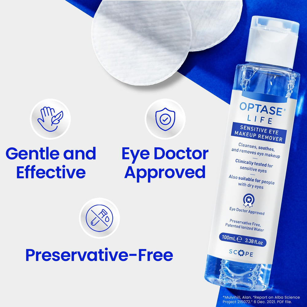 Optase Life applied to a cotton pad removing mascara, demonstrating gentle effectiveness