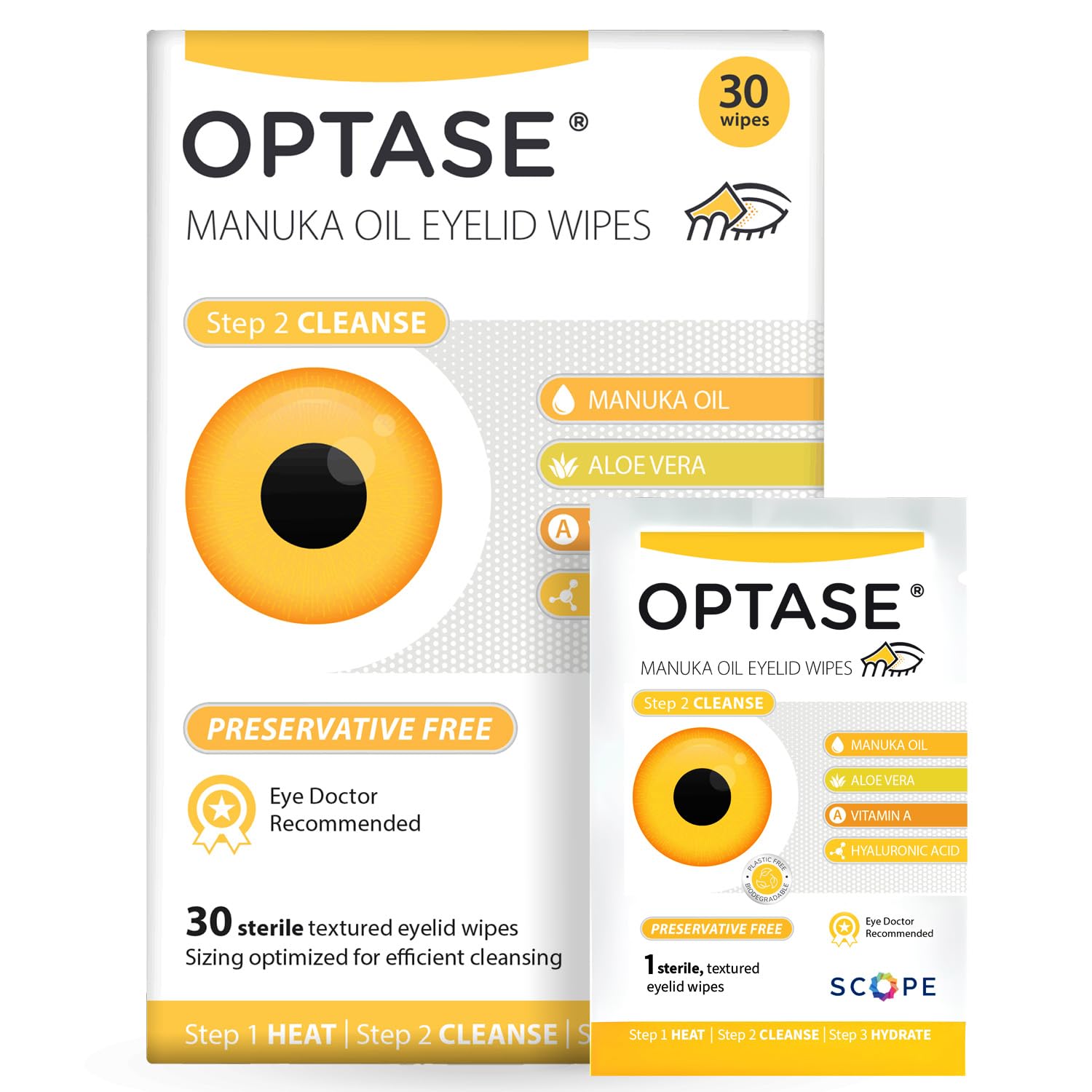 Optase front pack showing 30-count wipes and clear benefits