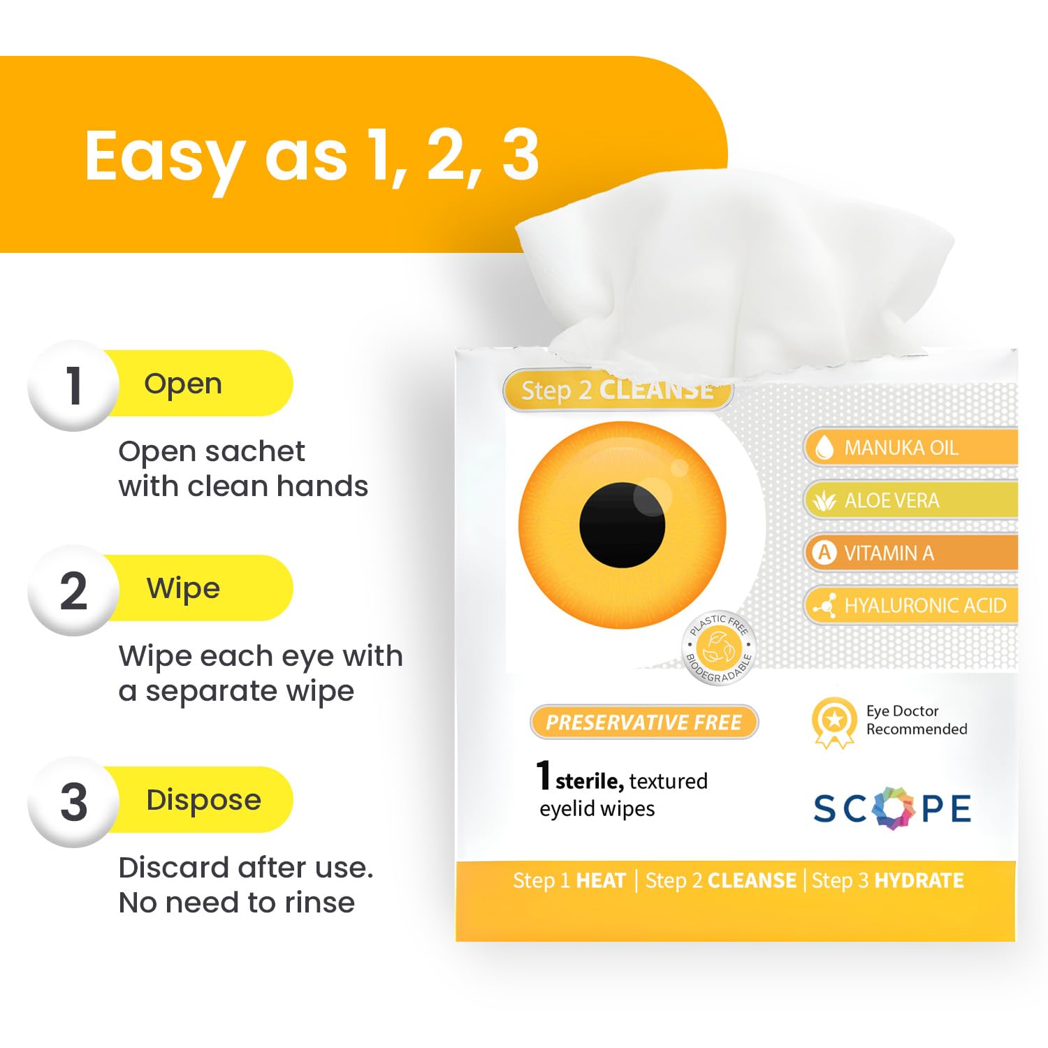 Optase wipe being applied to eyelid demonstrating gentle cleansing
