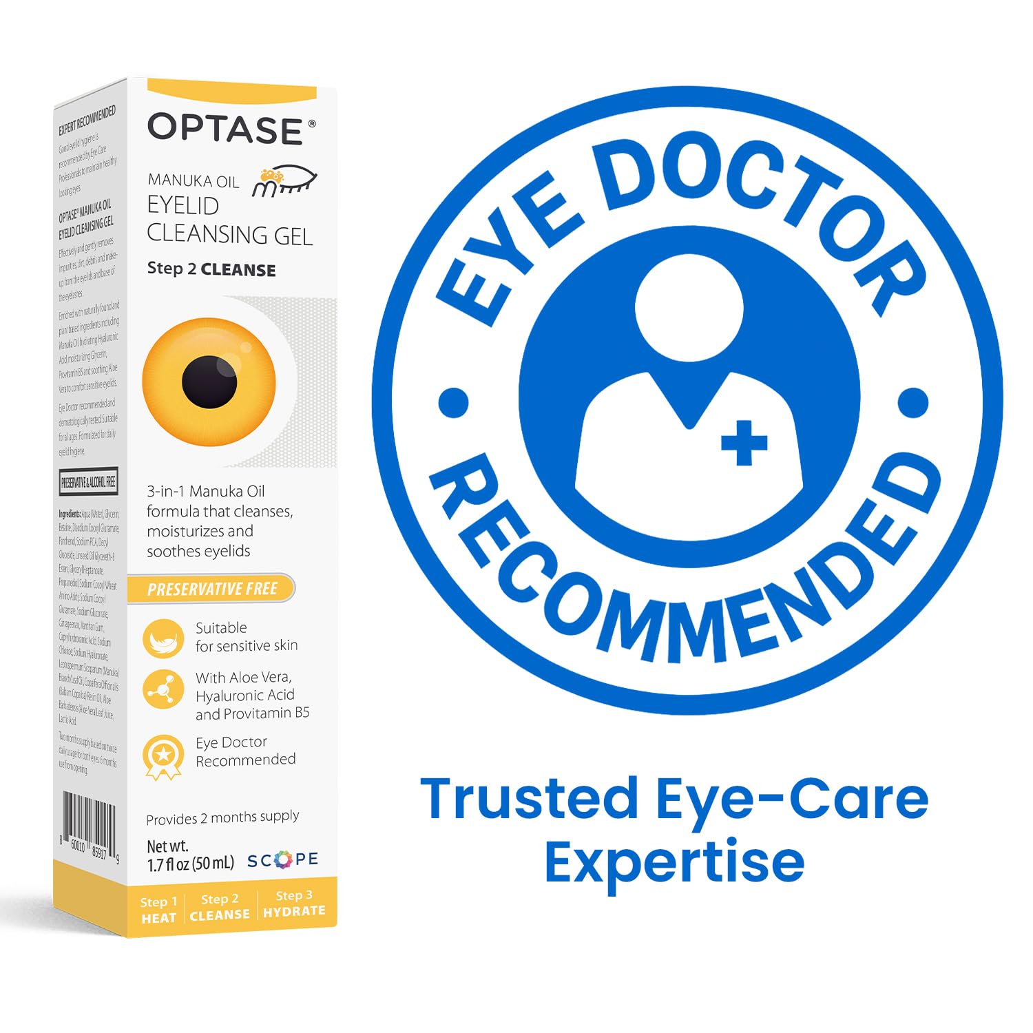 OPTASE product staged in bathroom to suggest daily lid and lash hygiene routine