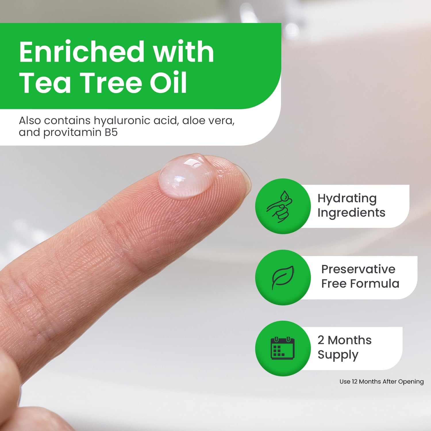 Optase bottle label detail highlighting tea tree and hyaluronic acid benefits