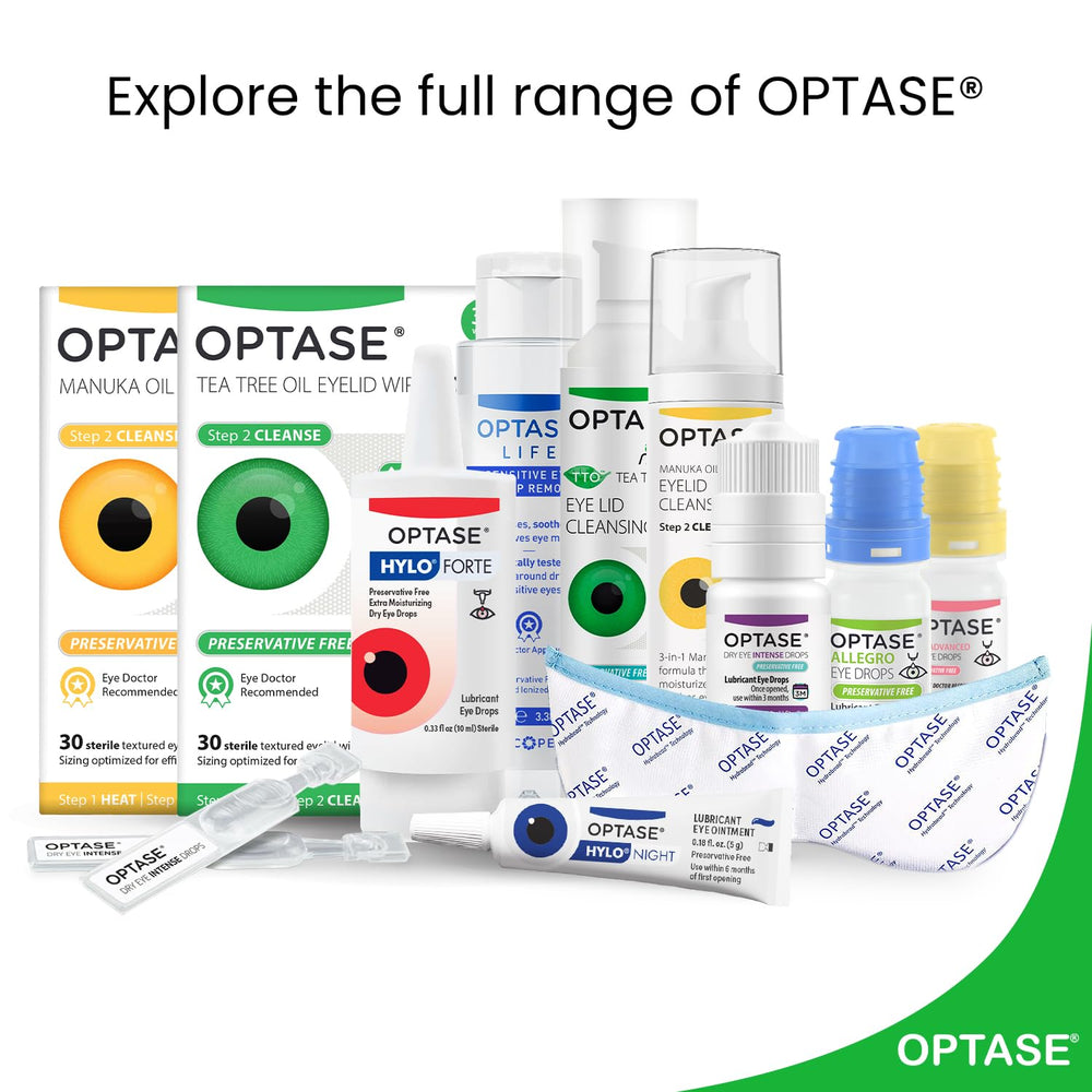 Optase ingredients display with hyaluronic acid and tea tree visuals showing soothing care