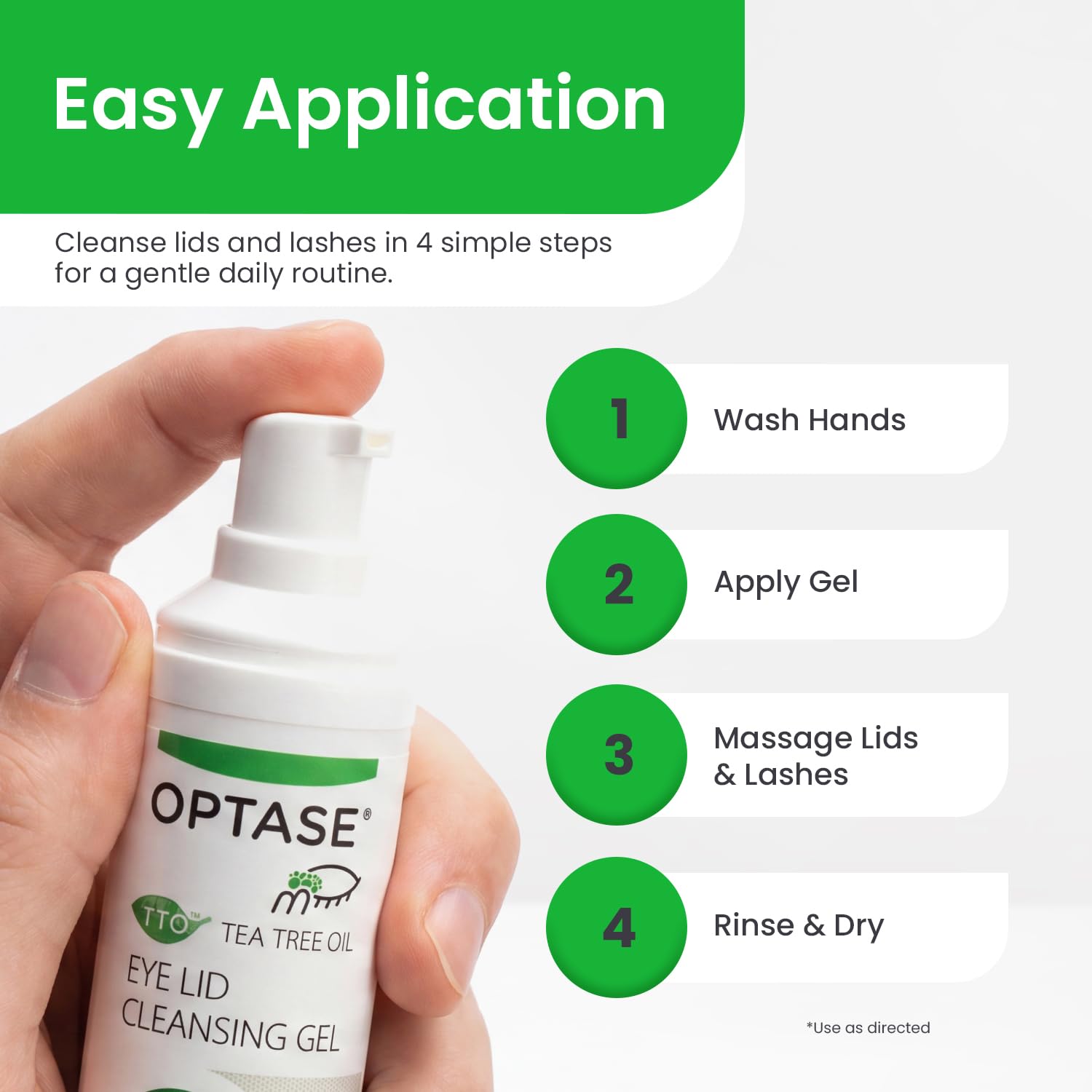 Optase bottle next to hand for size comparison showing compact 1.7 fl oz travel-friendly