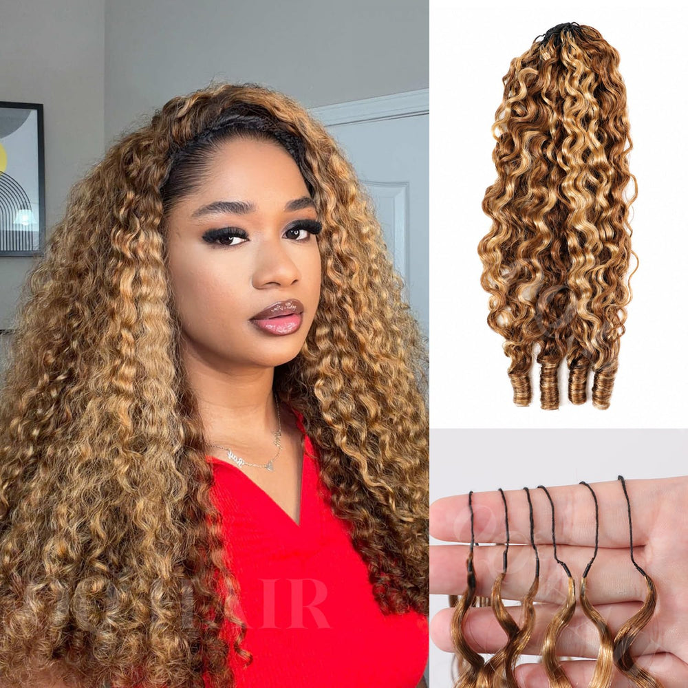 OQ hair front packaging showing highlighted curly extensions and easy styling benefit