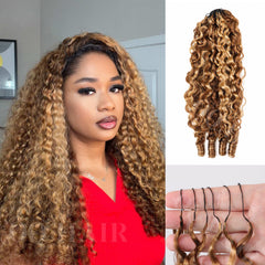 OQ hair front packaging showing highlighted curly extensions and easy styling benefit