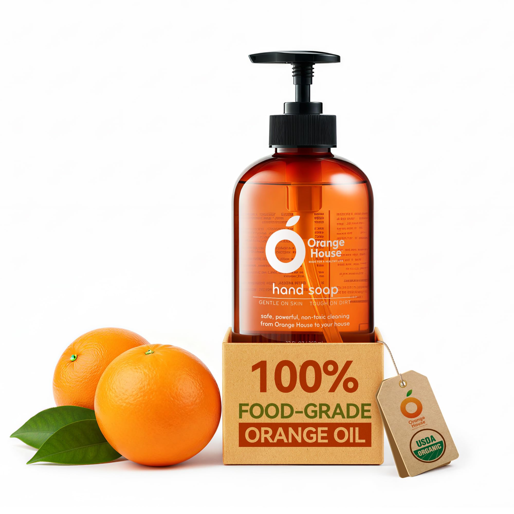 ORANGE HOUSE front label on 12 fl oz bottle showing product name and benefits