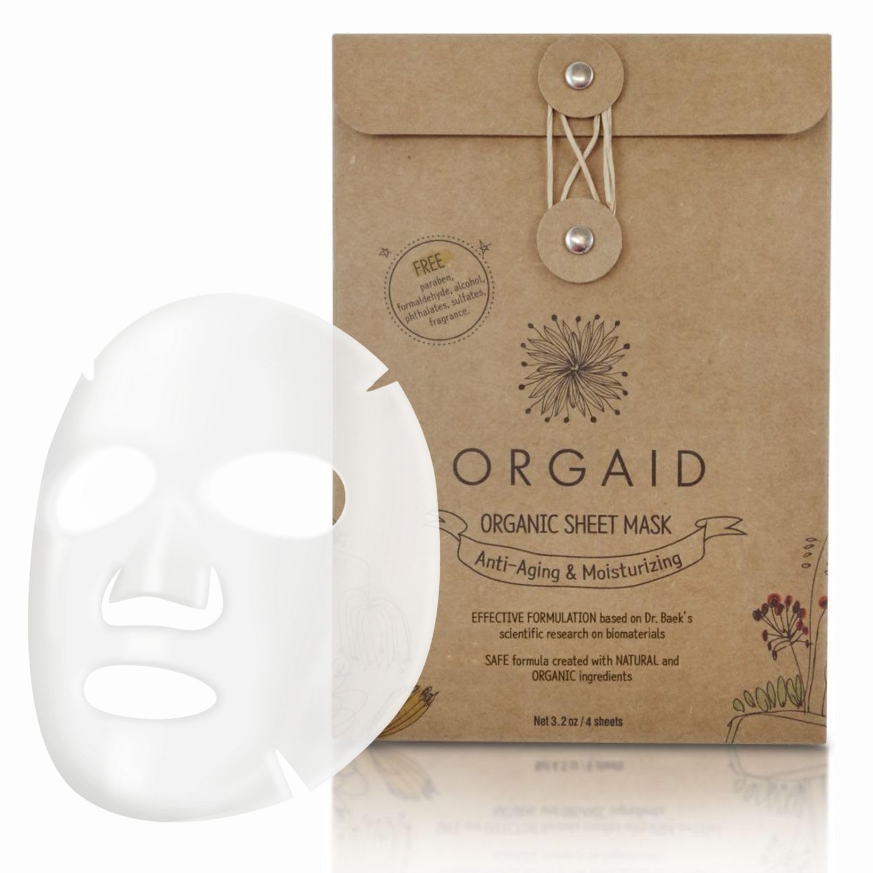 ORGAID front packaging showing four organic sheet masks and benefits