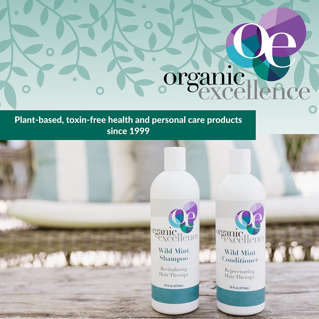 Organic Excellence bottle on bathroom shelf staged with towels showing lifestyle appeal and benefit of everyday use