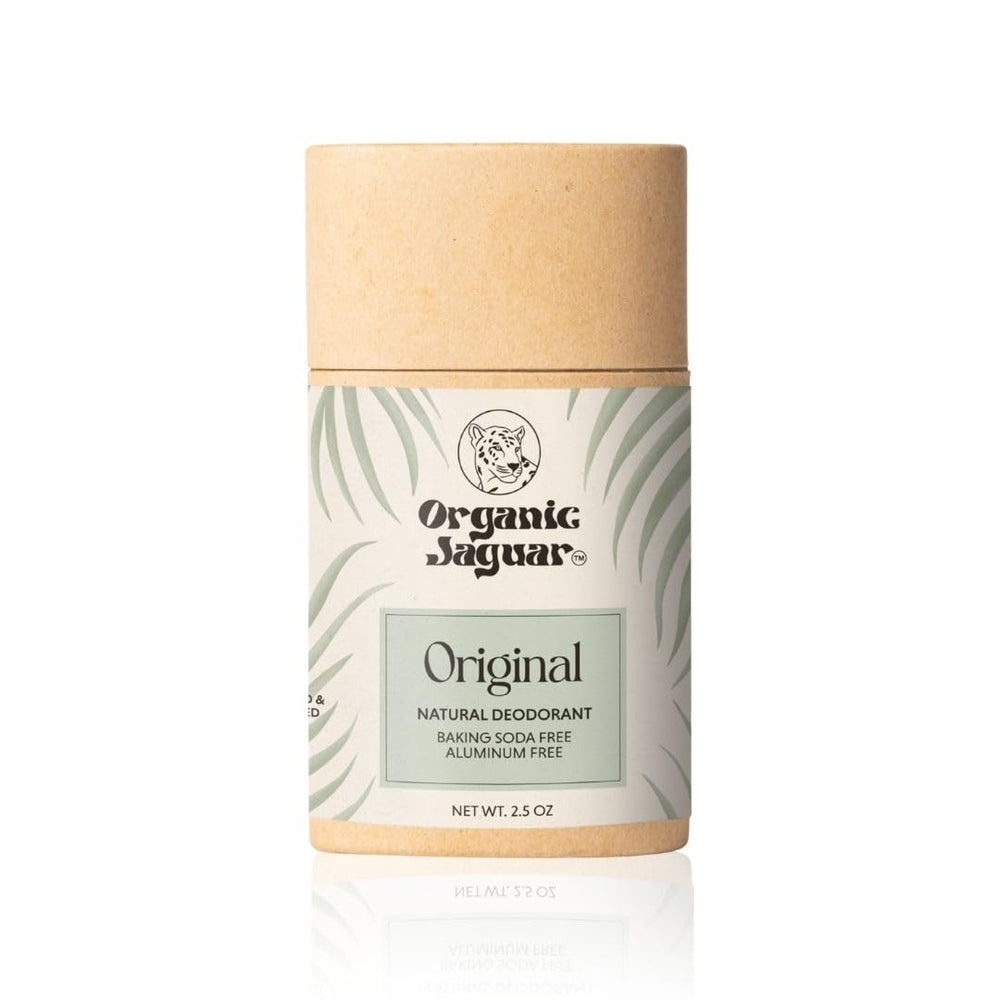 Organic Jaguar front view of deodorant stick showing label and compact size, travel-ready benefit