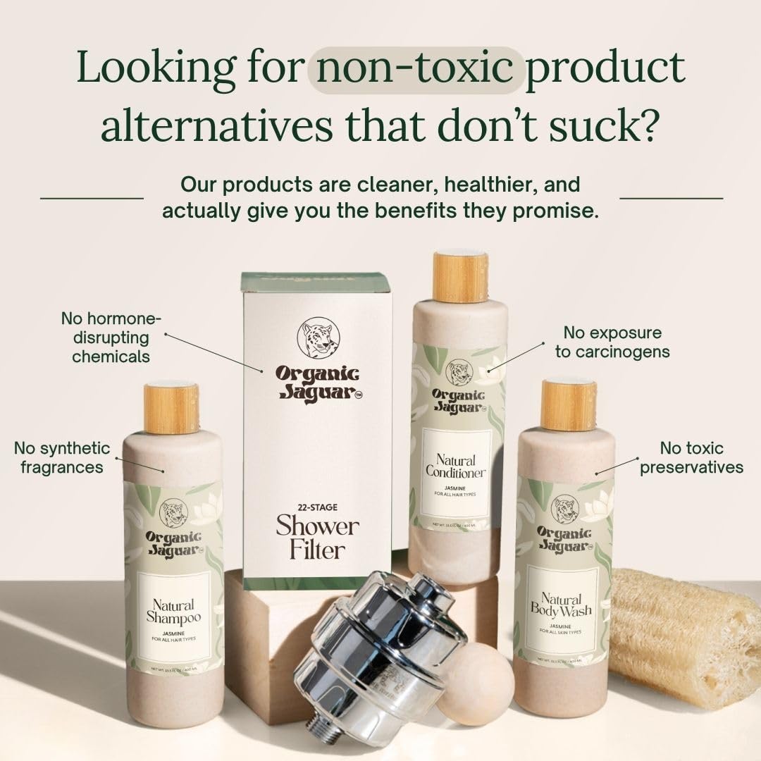 Organic Jaguar travel and full bottles side-by-side showing portability benefit