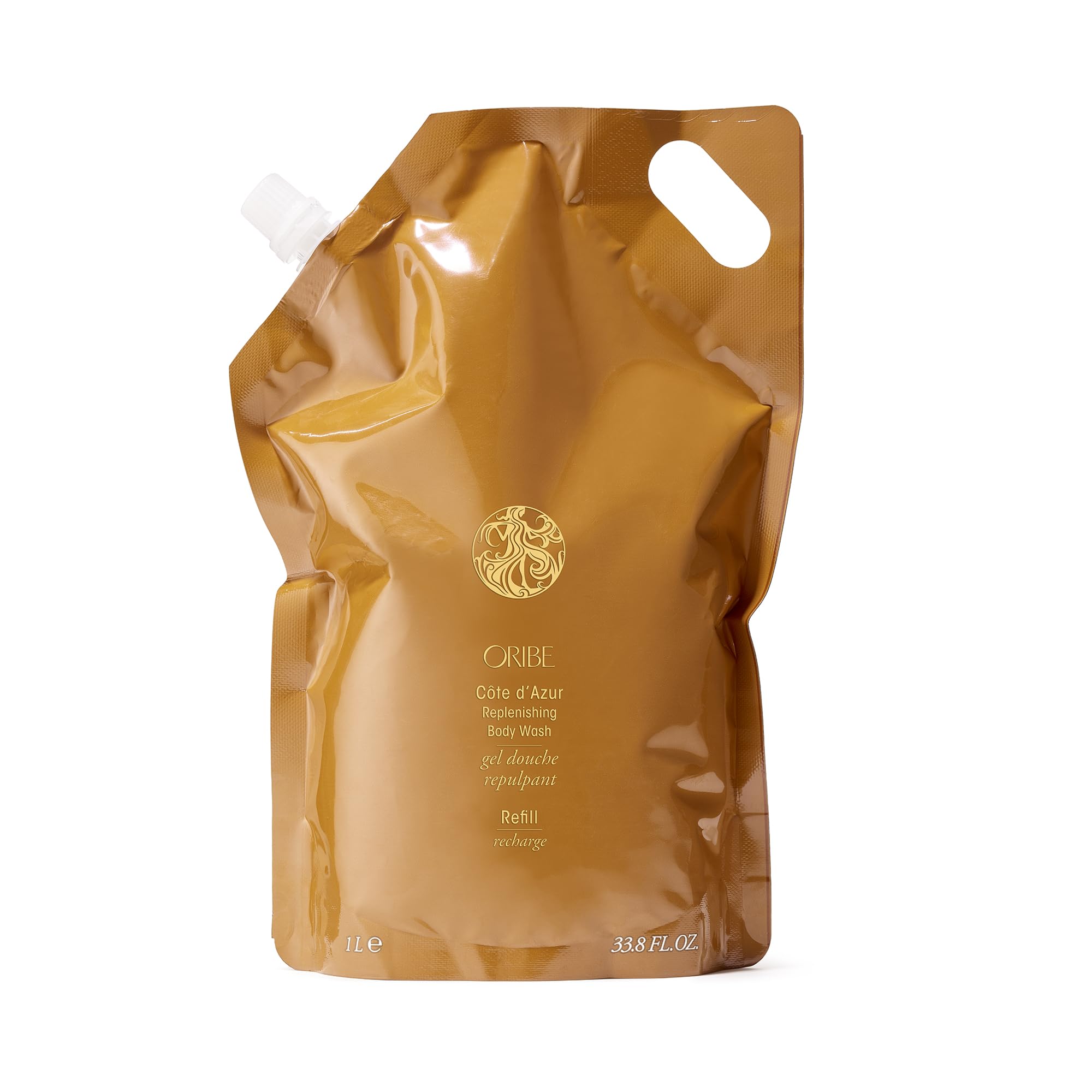 ORIBE refill front packaging showing 33.8 oz liter pouch and branding benefit of larger supply