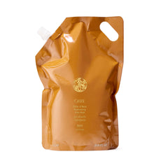 ORIBE refill front packaging showing 33.8 oz liter pouch and branding benefit of larger supply