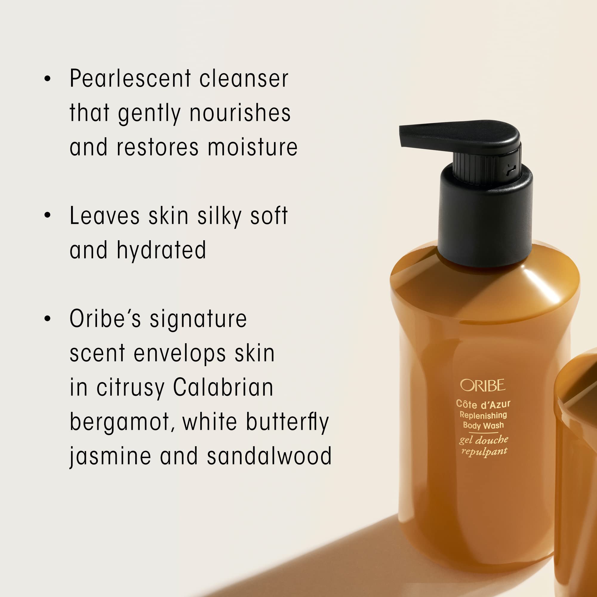ORIBE pouring refill into a 300 mL bottle to show easy transfer and reduced waste