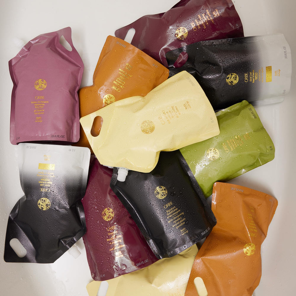 ORIBE sustainability graphic showing pouch and reduced-plastic messaging and eco benefit