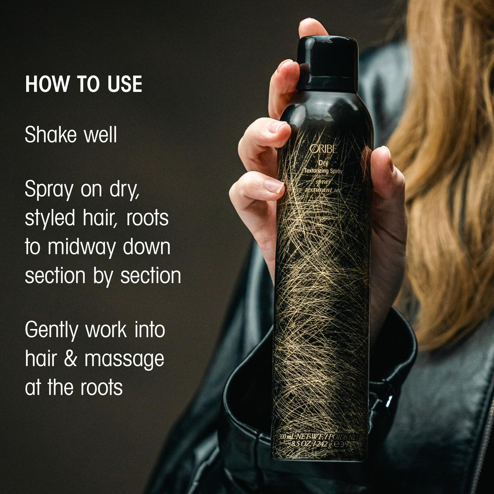 Oribe dry texturizing spray on a bathroom shelf suggests everyday styling convenience