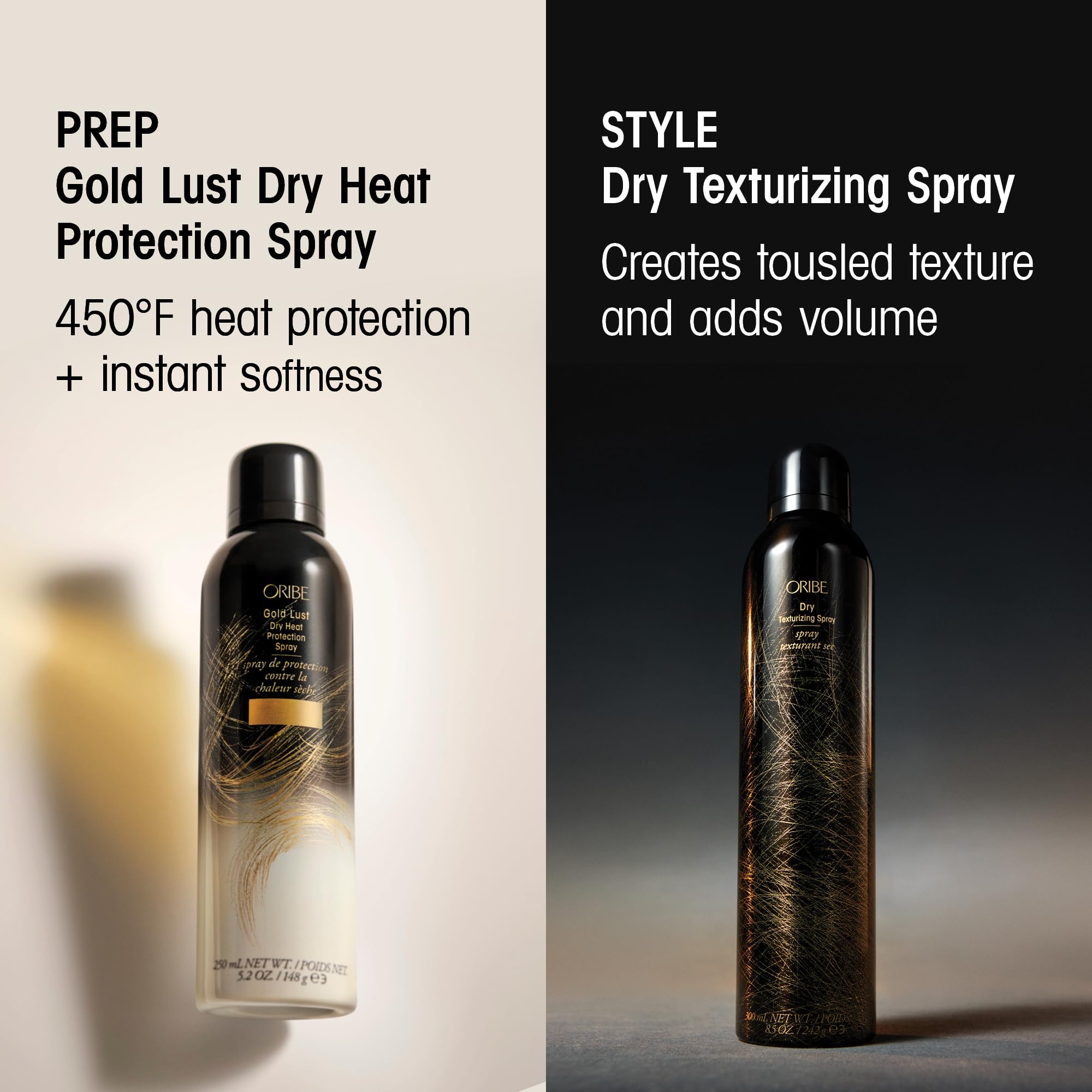 Oribe dry texturizing spray held in hand size comparison shows bottle capacity and portability