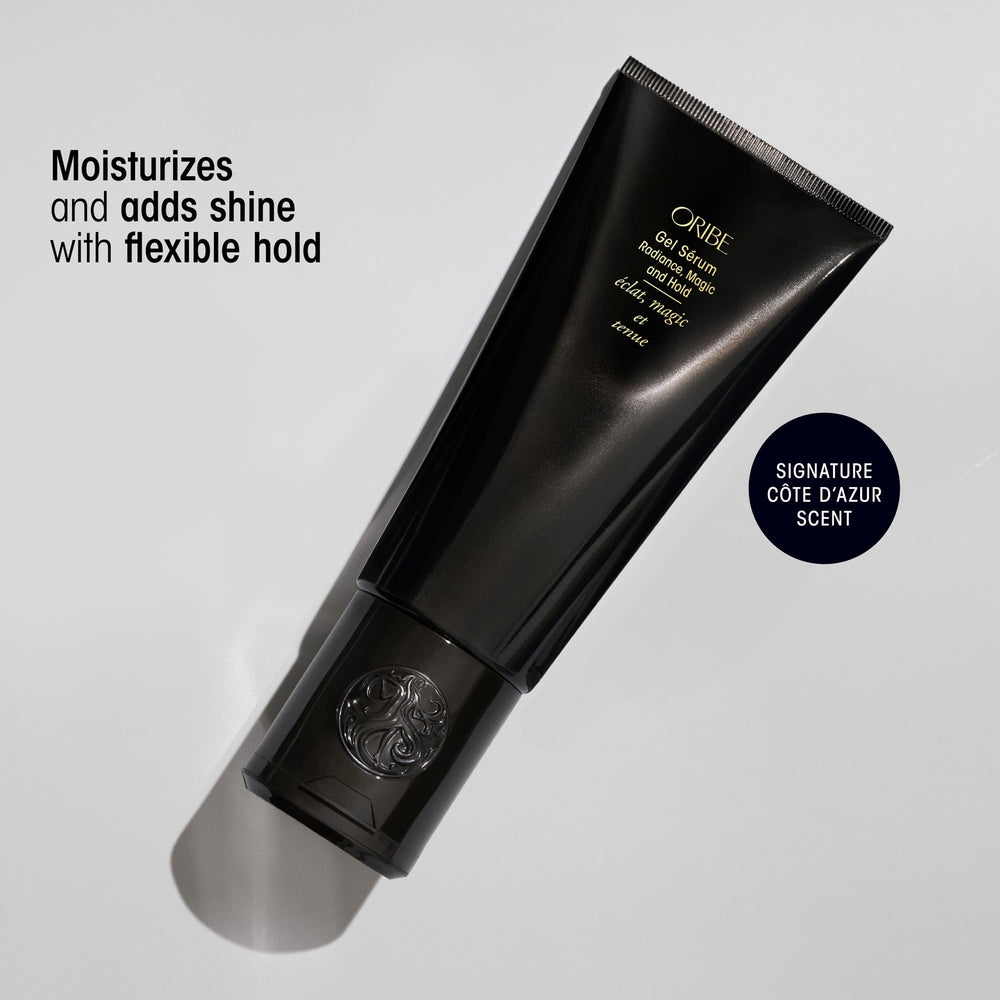 Oribe gel serum texture dispensed on palm showing lightweight gel-serum benefit