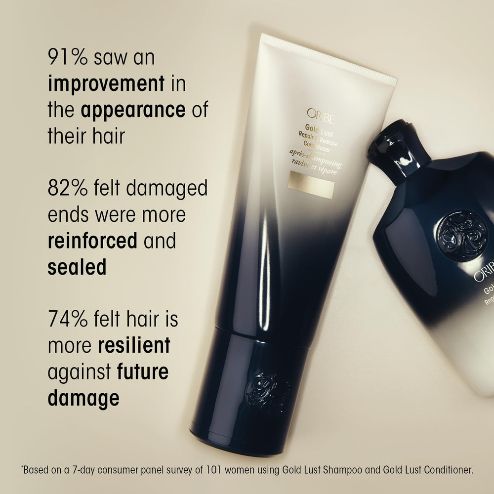 Oribe Gold Lust 1.7oz held in hand showing travel-size convenience