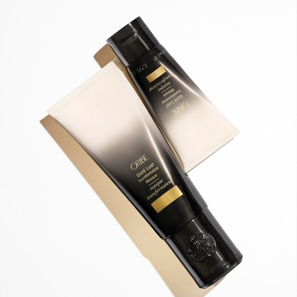 ORIBE finished hair showing smooth, shiny strands and visible softness benefit